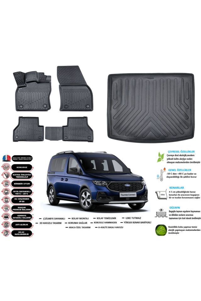 Ford Connect 2022 Model Esnek Bagaj Havuzu Araca Özel Siyah Paspas Takımı