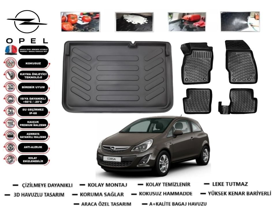 Opel Corsa D 2007-2014 3D Bagaj Havuzu+3D Araca Özel Paspas Takımı