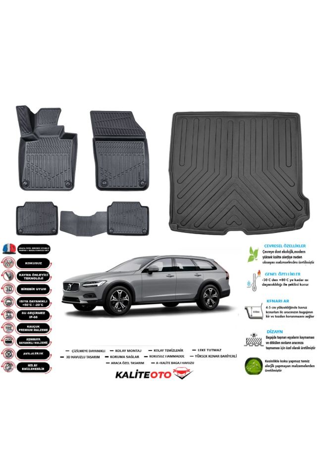 Volvo V90 2021 Model Esnek Bagaj Havuzu Araca Özel Siyah Paspas Takımı