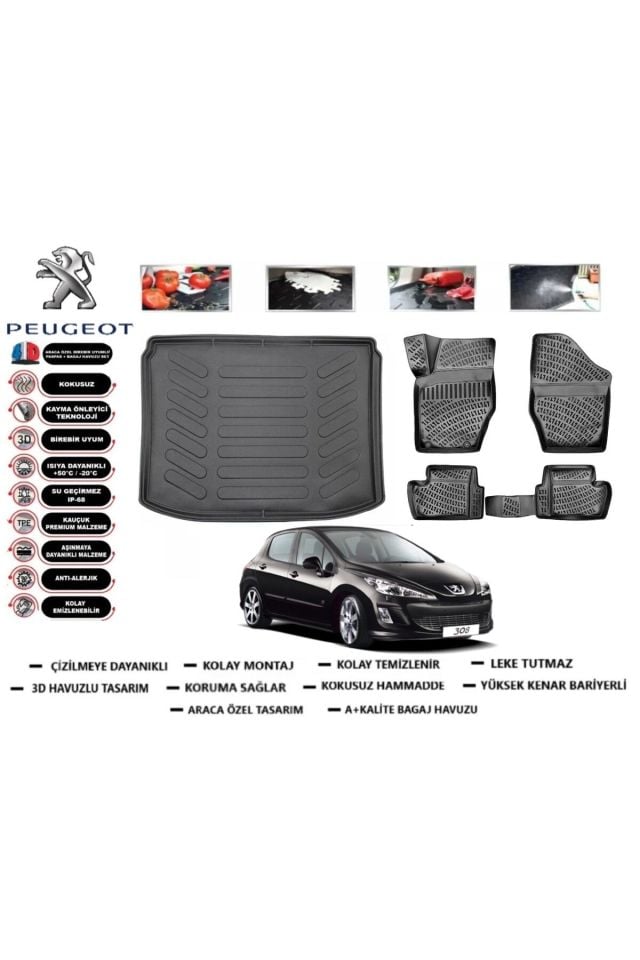 Peugeot 308 2012 Model Bagaj Havuzu Araca Özel Paspas Takımı Prrox