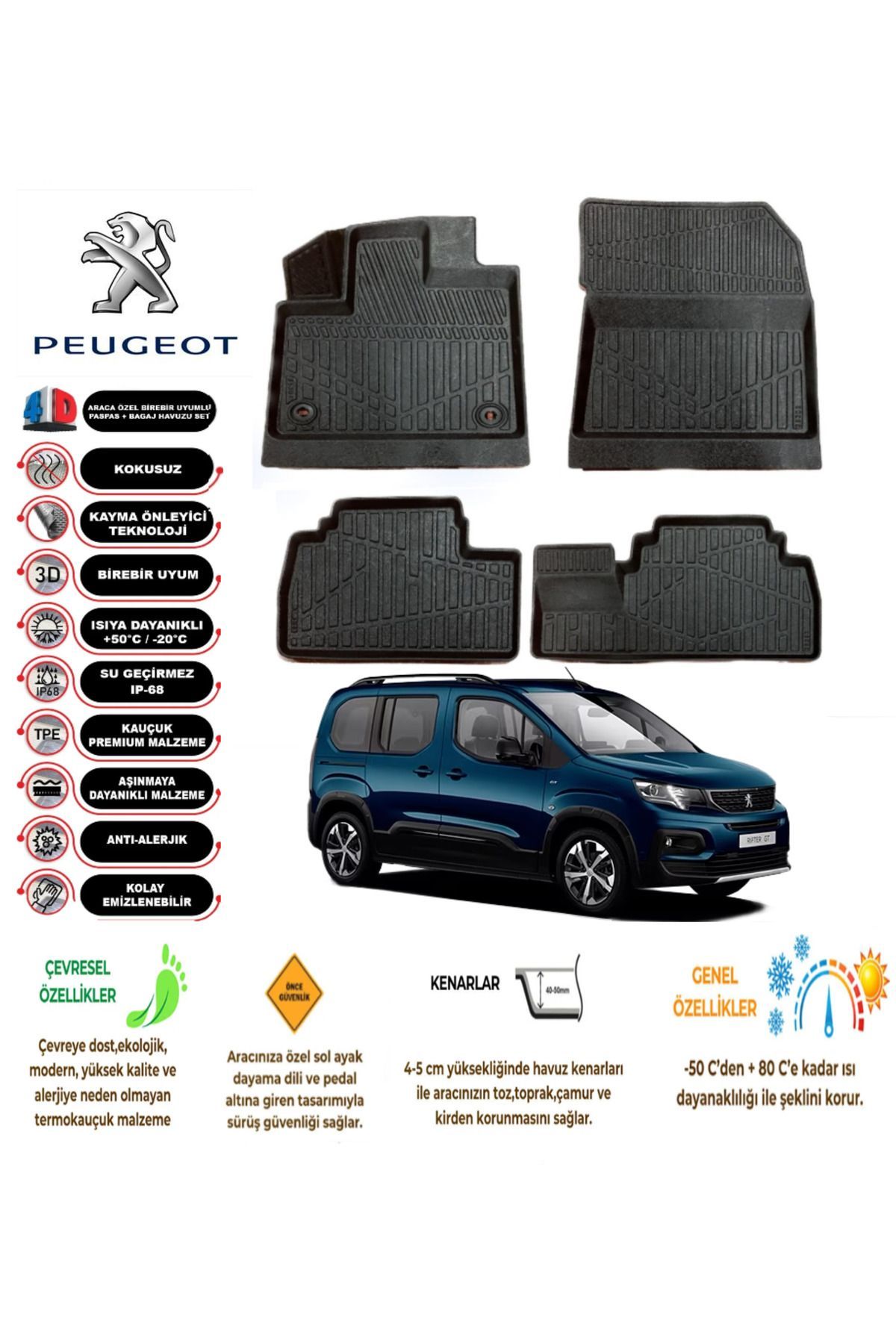 Peugeot Rifter 2019 Model 4D Araca Özel Havuzlu Paspas Takımı