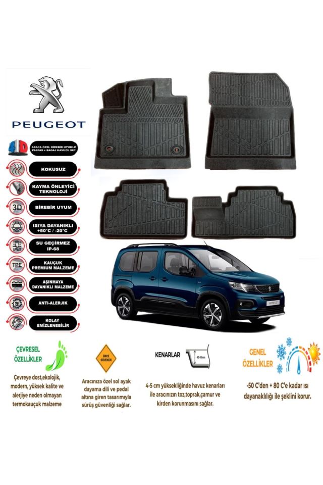 Peugeot Rifter 2019 Model 4D Araca Özel Havuzlu Paspas Takımı
