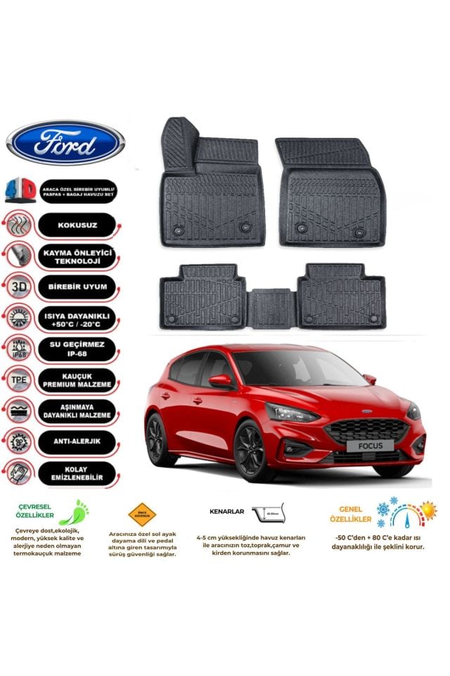 Ford Focus 5 Hatchback 2019 Model 4D Araca Özel Havuzlu Kokusuz Paspas Takımı