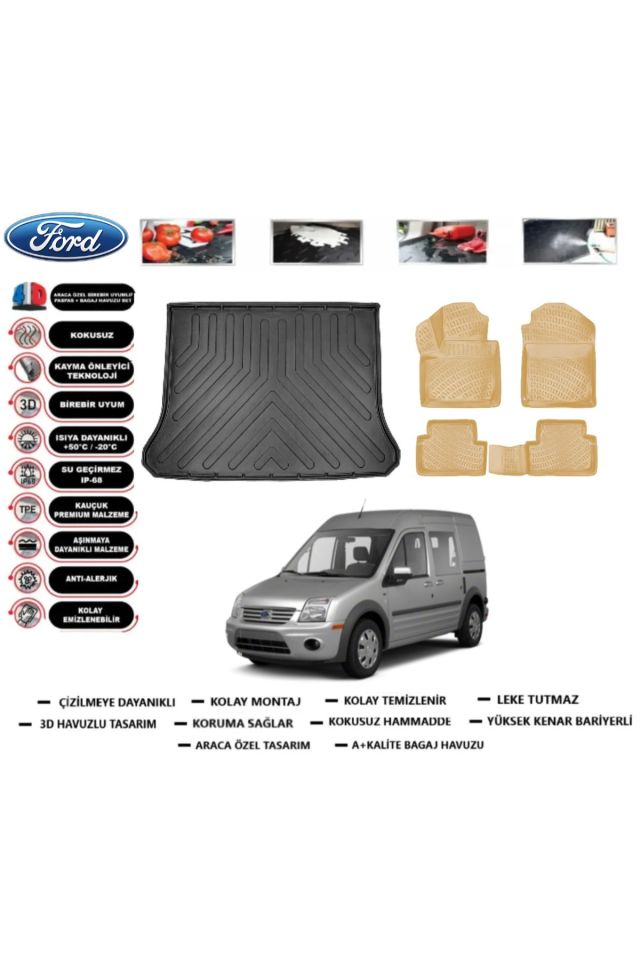 Ford Connect 2008 Model Cepli Bagaj Havuzu+Araca Özel Bej Paspas Takımı Flex