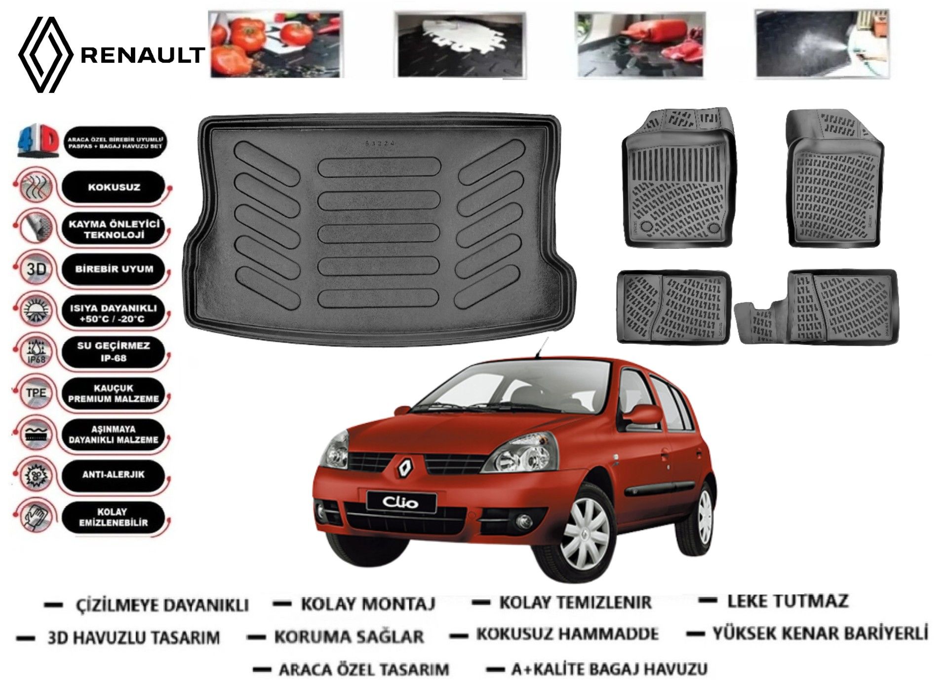 Renault Clio 2 1998-2005 3D Bagaj Havuzu+3D Araca Özel Paspas Takımı