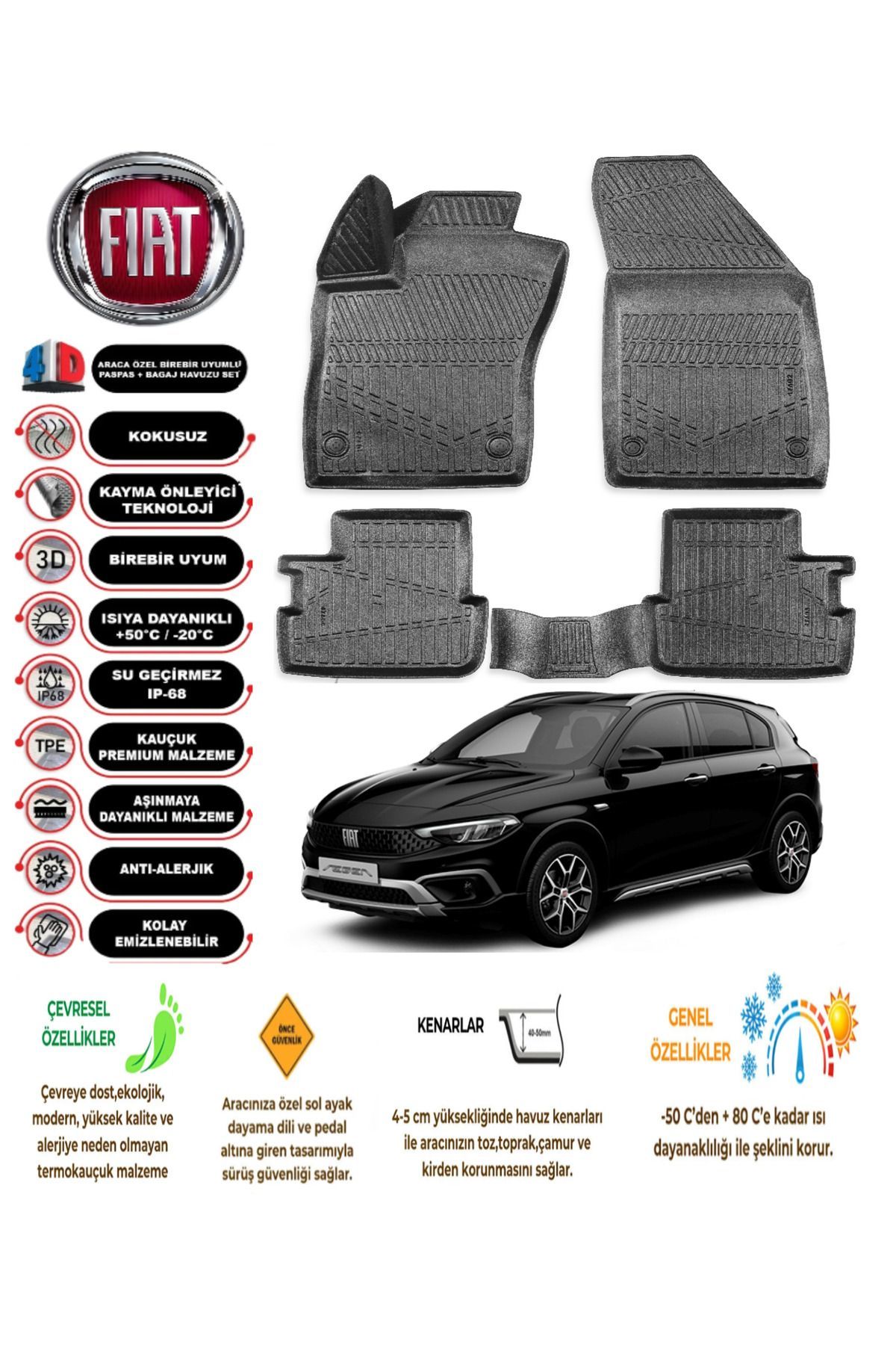 Fiat Egea Cross 2020 Sonrası 4D Araca Özel Havuzlu Kokusuz Paspas Takımıı  Uyumlu