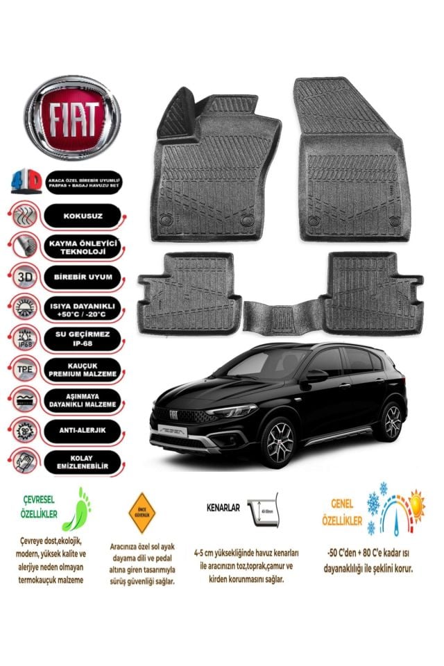 Fiat Egea Cross 2020 Sonrası 4D Araca Özel Havuzlu Kokusuz Paspas Takımıı  Uyumlu