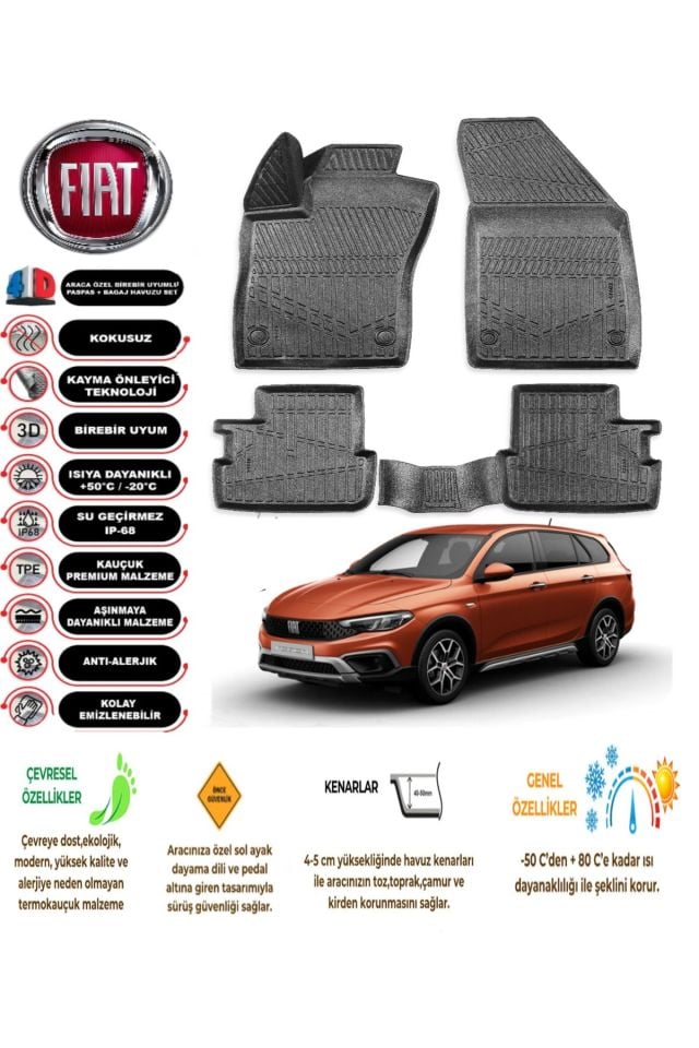 Fiat Egea Cross Vagon 2015 Sonrası Uyumlu 4D Araca Özel Havuzlu Kokusuz Paspas Takımı