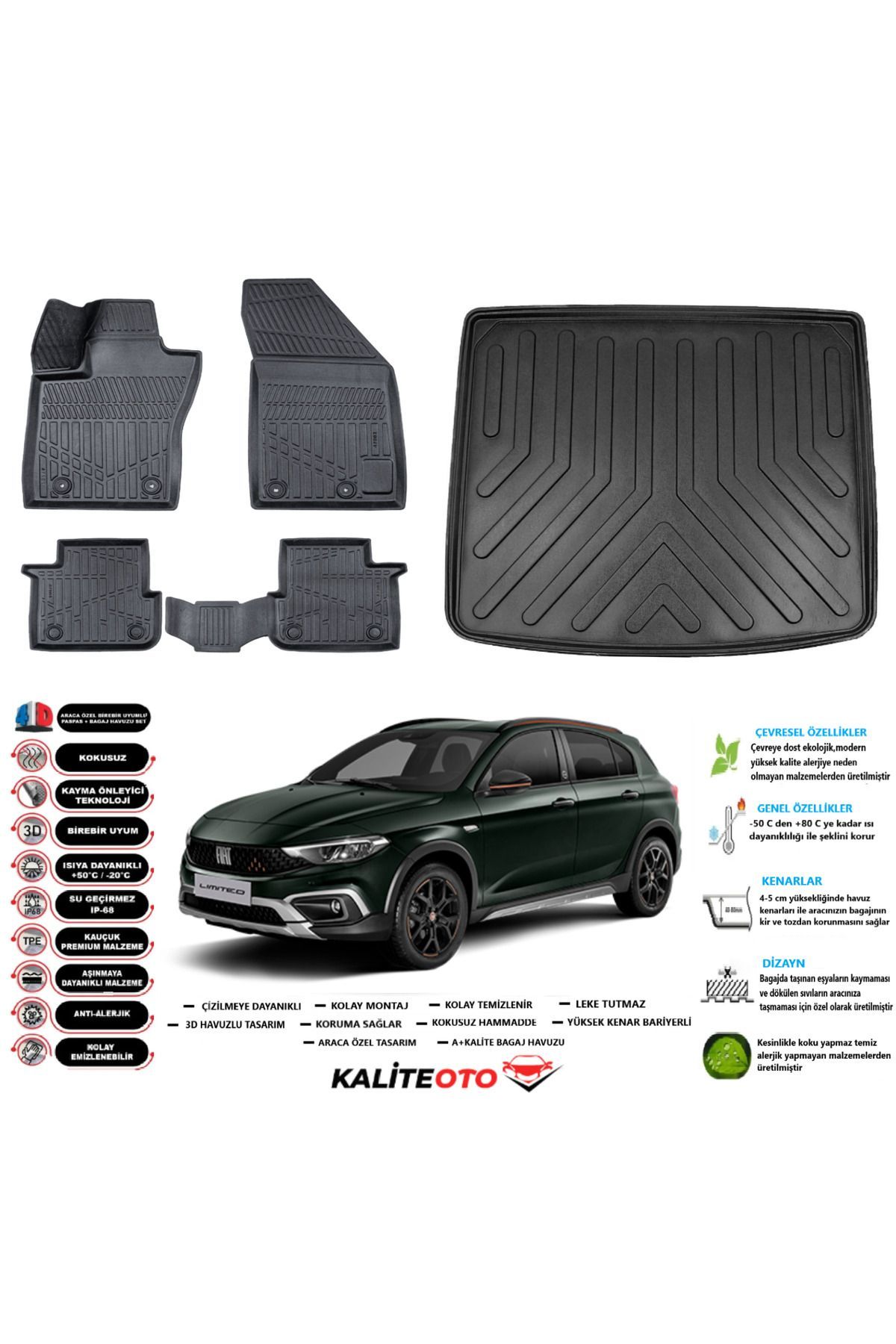 Fiat Egea Cross 2016 Model Tamir Kitli Esnek Bagaj Havuzu Araca Özel Siyah Kokusuz Paspas Takımı