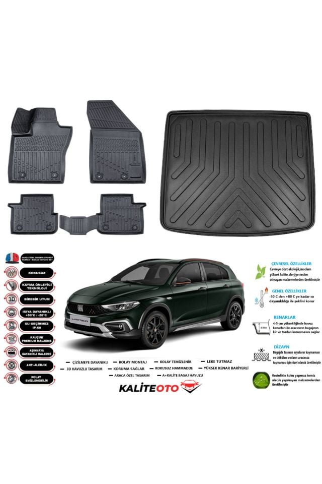 Fiat Egea Cross 2019 Model Tamir Kitli Esnek Bagaj Havuzu Araca Özel Siyah Kokusuz Paspas Takımı