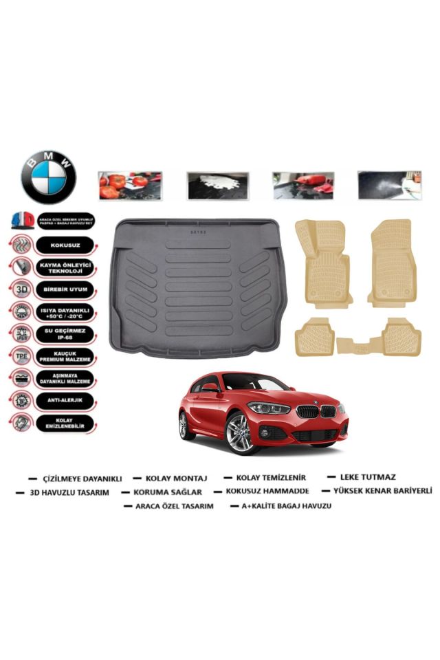 Bmw 1 serisi F20 2018 Model Bagaj Havuzu+Araca Özel Bej Paspas Takımı Flex