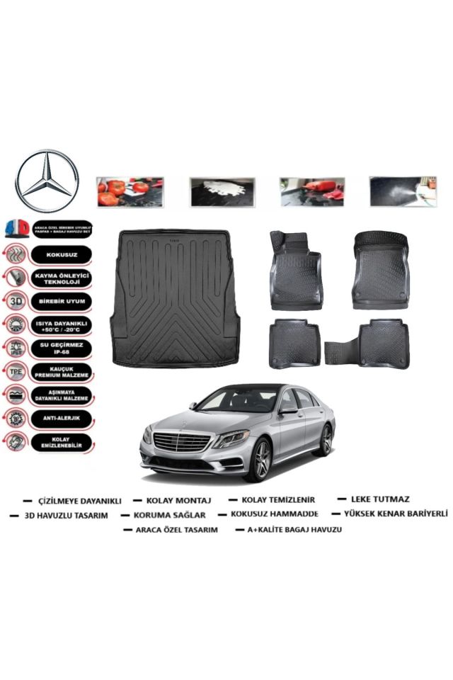 Mercedes S serisi W 222 Long 2020 Model Bagaj Havuzu Araca Özel Paspas Takımı kauçuk