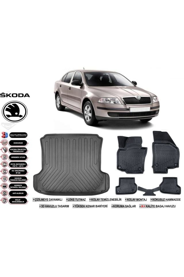Skoda Octavia 2005 Model Bagaj Havuzu Araca Özel Siyah Havuzlu Paspas Takımı Sett