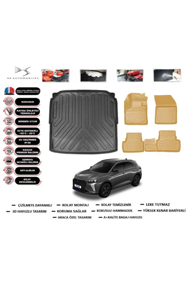 DS 7 Crossback 2021 Model Alt Bagaj Havuzu+Araca Özel Bej Paspas Takımı Flex
