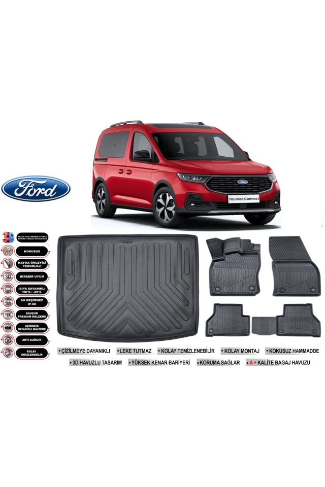 Ford Connect 2024 Model Bagaj Havuzu Araca Özel Siyah Havuzlu Paspas Takımı Sett