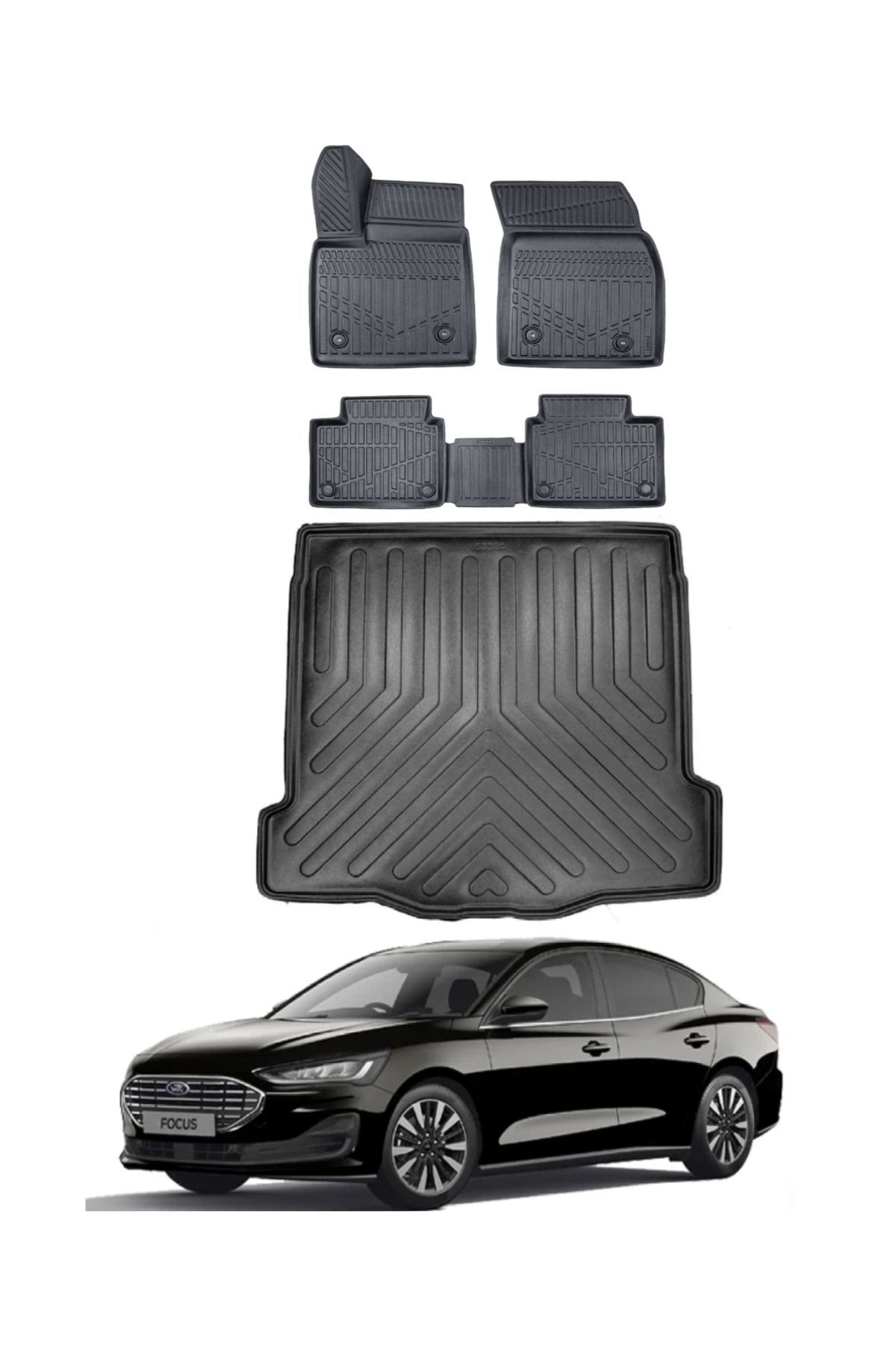 Ford Focus 5 Sedan 2023 Model İnce Stepneli Bagaj Havuzu Araca Özel Siyah Paspas Takımı