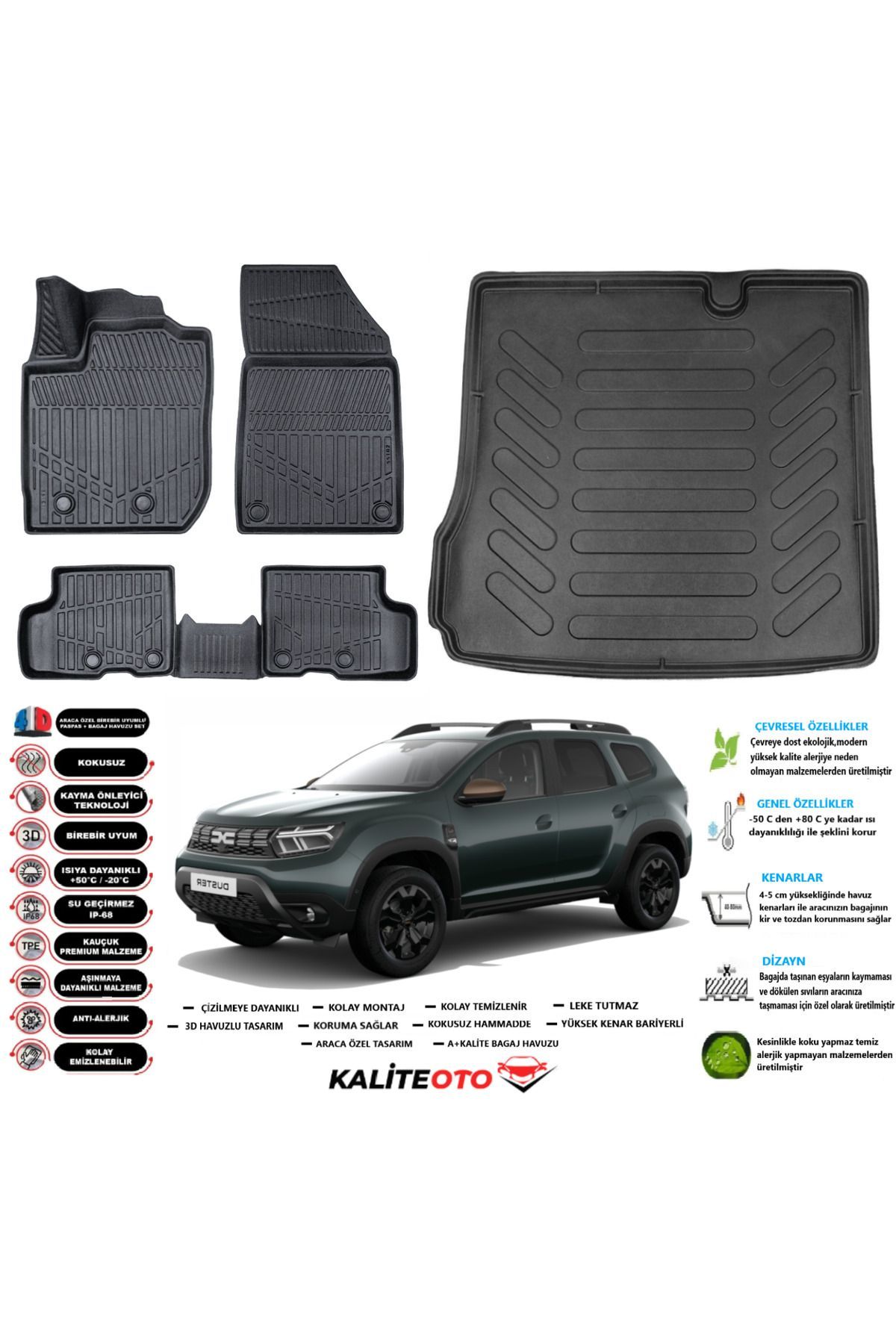 Dacia Duster 4X2 2023 Model Esnek Bagaj Havuzu Araca Özel Siyah Paspas Takımı