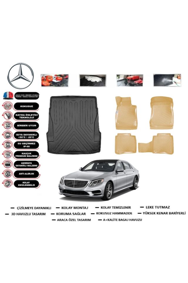 Mercedes S serisi W 222 Long 2019 Model Bagaj Havuzu+Araca Özel Bej Paspas Takımı Flex