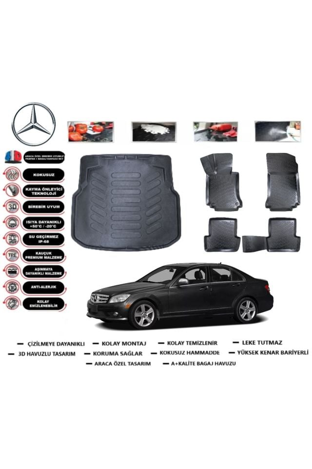 Mercedes C Serisi W204 2013 Model Plastik Setli Bagaj Havuzu Araca Özel Paspas Takımı Prrox