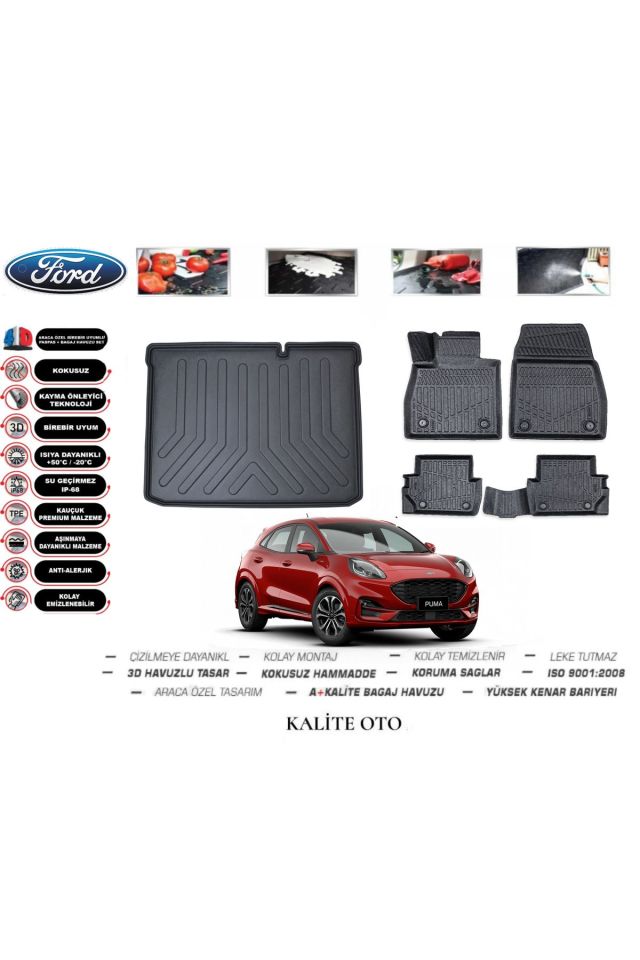 Ford Puma 2024 Model 3D Uyumlu  Bagaj Havuzu+4D Havuzlu Paspas Seti