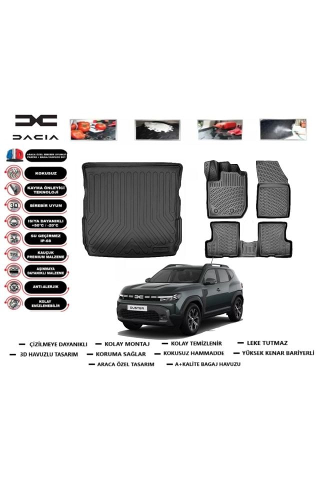 Dacia Duster 4 WD (4x4) 2025 Model Bagaj Havuzu Araca Özel Paspas Takımı Prrox