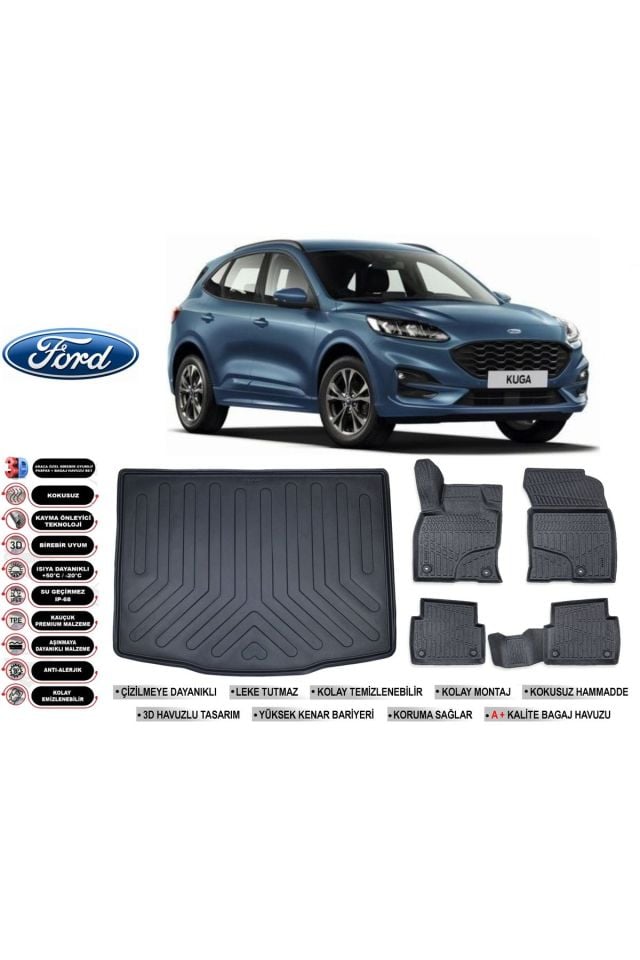 Ford Kuga 2025 Model Bagaj Havuzu Araca Özel Siyah Havuzlu Paspas Takımı Sett