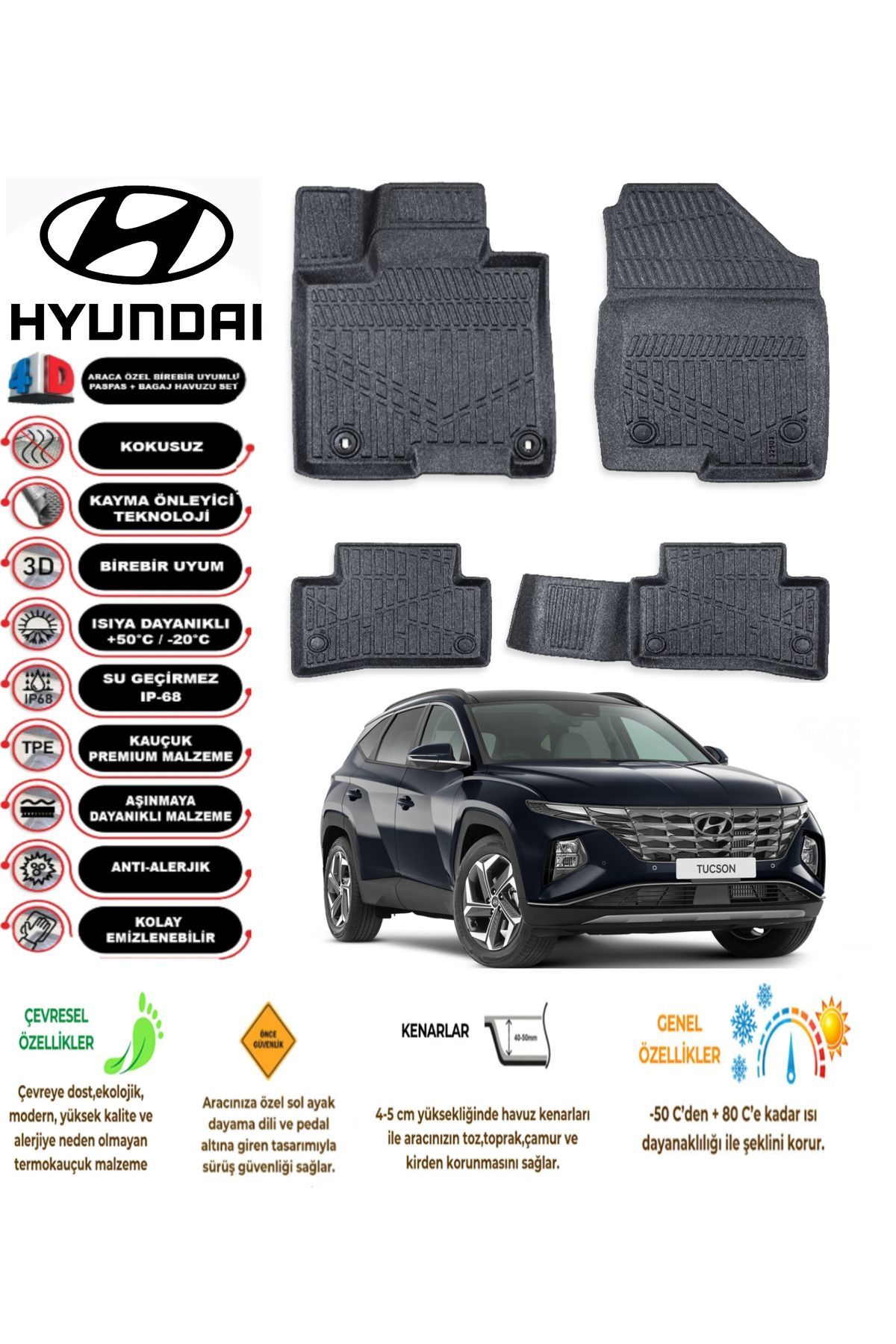 Hyundai Tucson 2023 Model 4D Araca Özel Havuzlu Paspas Takımı