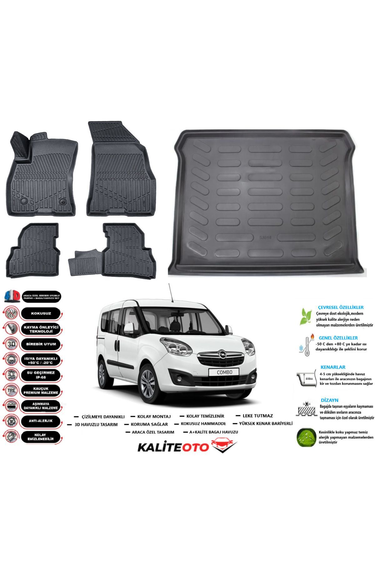 Opel Combo 2011 Model Esnek Bagaj Havuzu Araca Özel Siyah Paspas Takımı