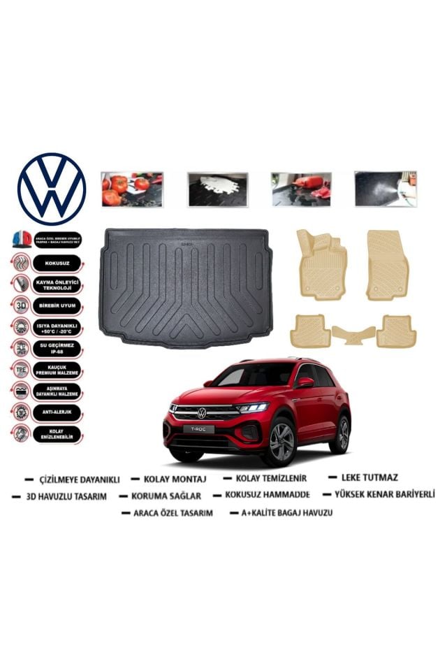 Volkswagen T-Roc 2023 Model Alt Bagaj Havuzu+Araca Özel Bej Paspas Takımı