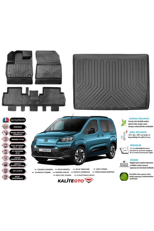 Fiat Doblo 2025 Model Esnek Bagaj Havuzu Araca Özel Siyah Paspas Takımı