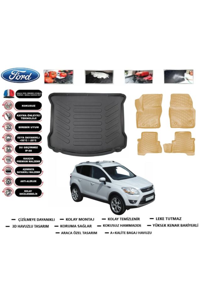 Ford Kuga 2012 Model Bagaj Havuzu+Araca Özel Bej Paspas Takımı Flex