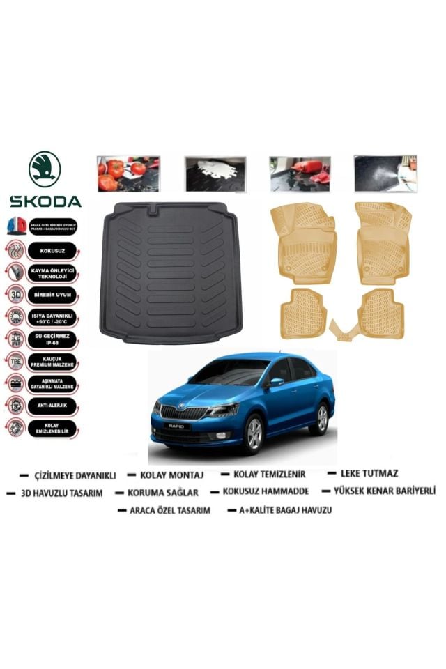 Skoda Rapıd Sedan 2016 Model Bagaj Havuzu(paspası)+Araca Özel Bej Paspas Takımı Flex