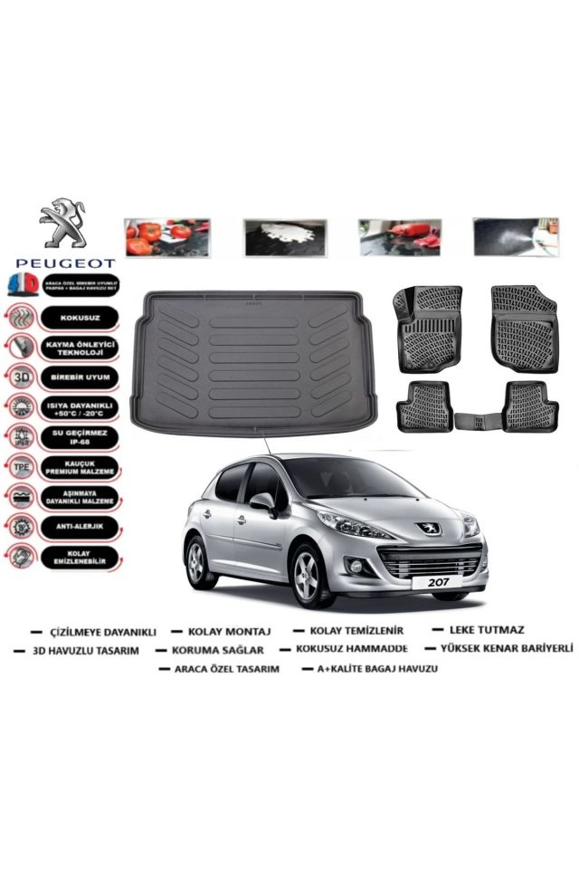 Peugeot 207 HB 2010 Model Bagaj Havuzu Araca Özel Paspas Takımı Prrox