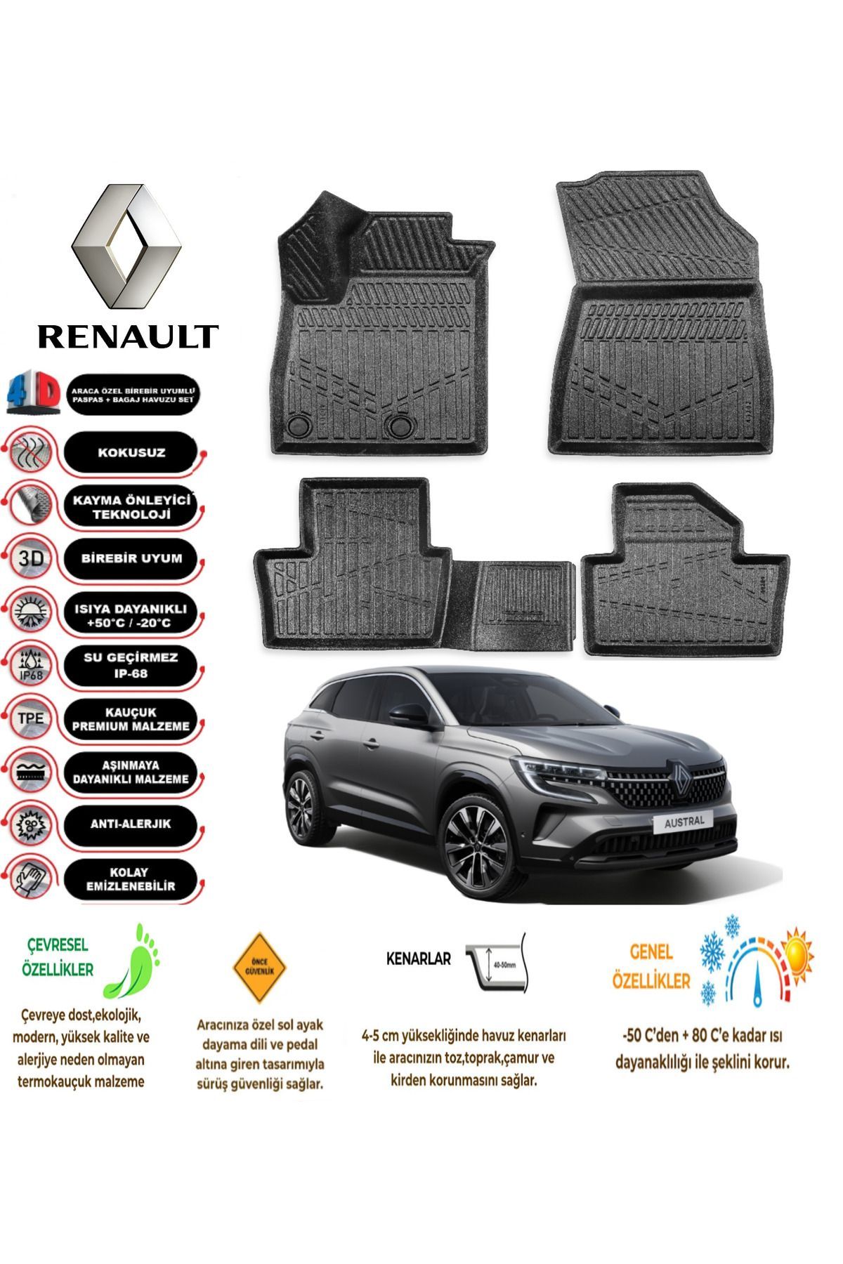 Renault Austral E-Tech Full Hybrıd 2023 Sonrası 4D Araca Özel Havuzlu Kokusuz Paspas Takımıı