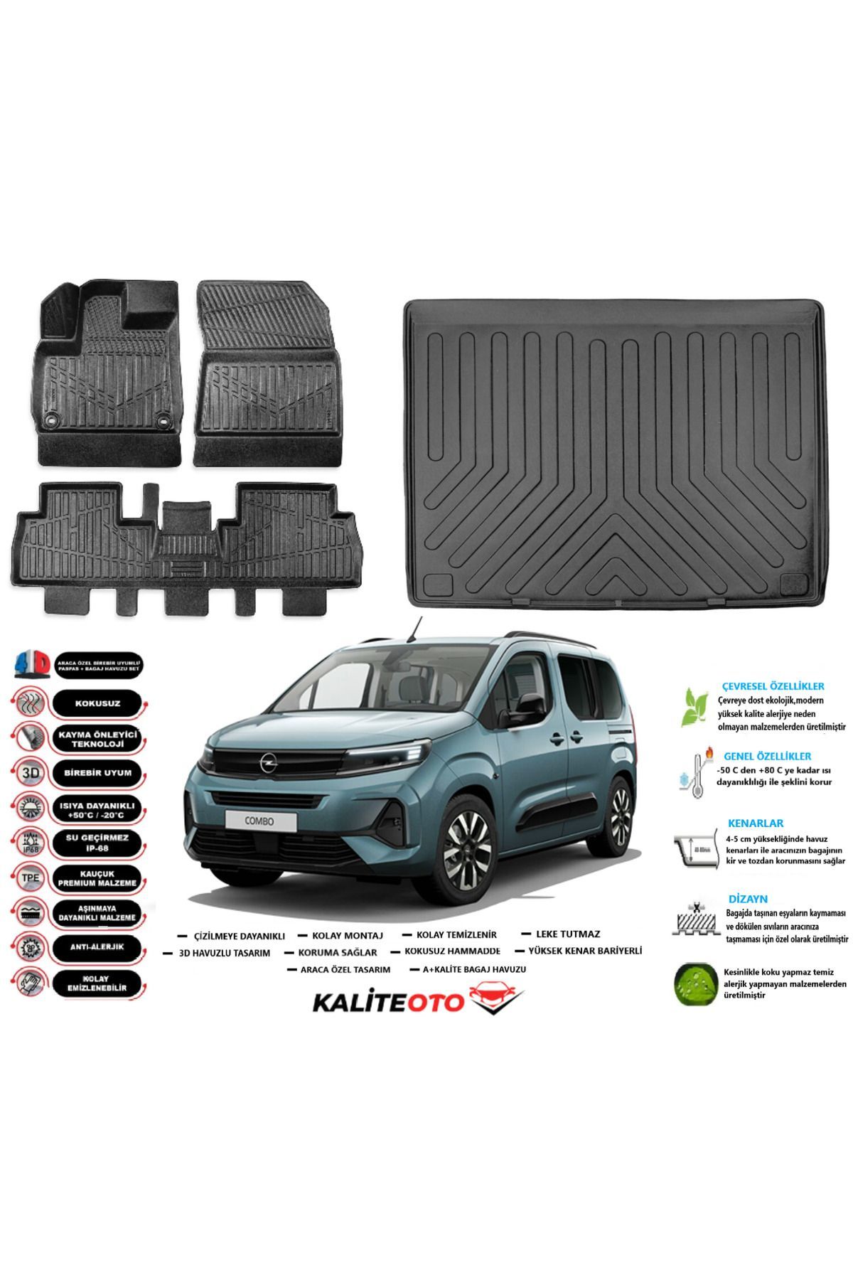Opel Combo 2025 Model Esnek Bagaj Havuzu Araca Özel Siyah Paspas Takımı