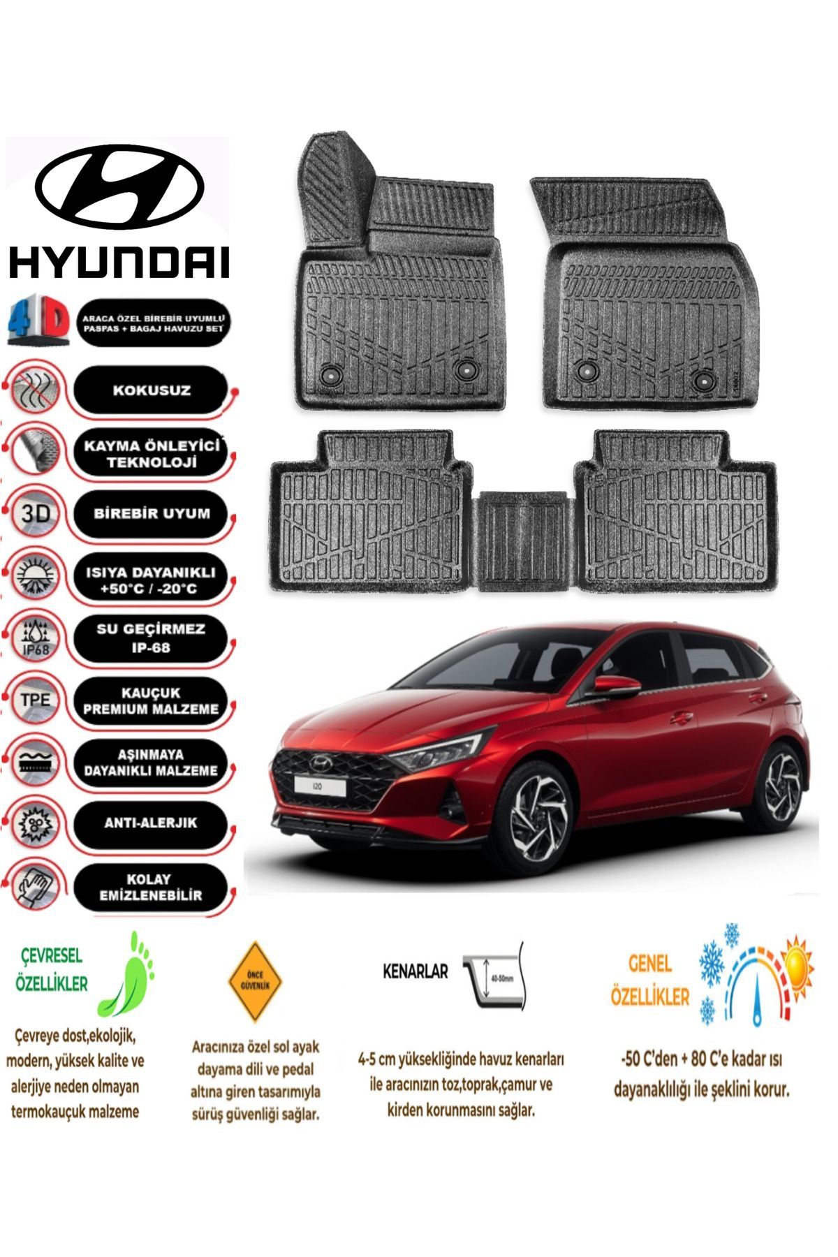 Hyundai İ20 2021 Sonrası 4D Araca Özel Havuzlu Kokusuz Paspas Takımı
