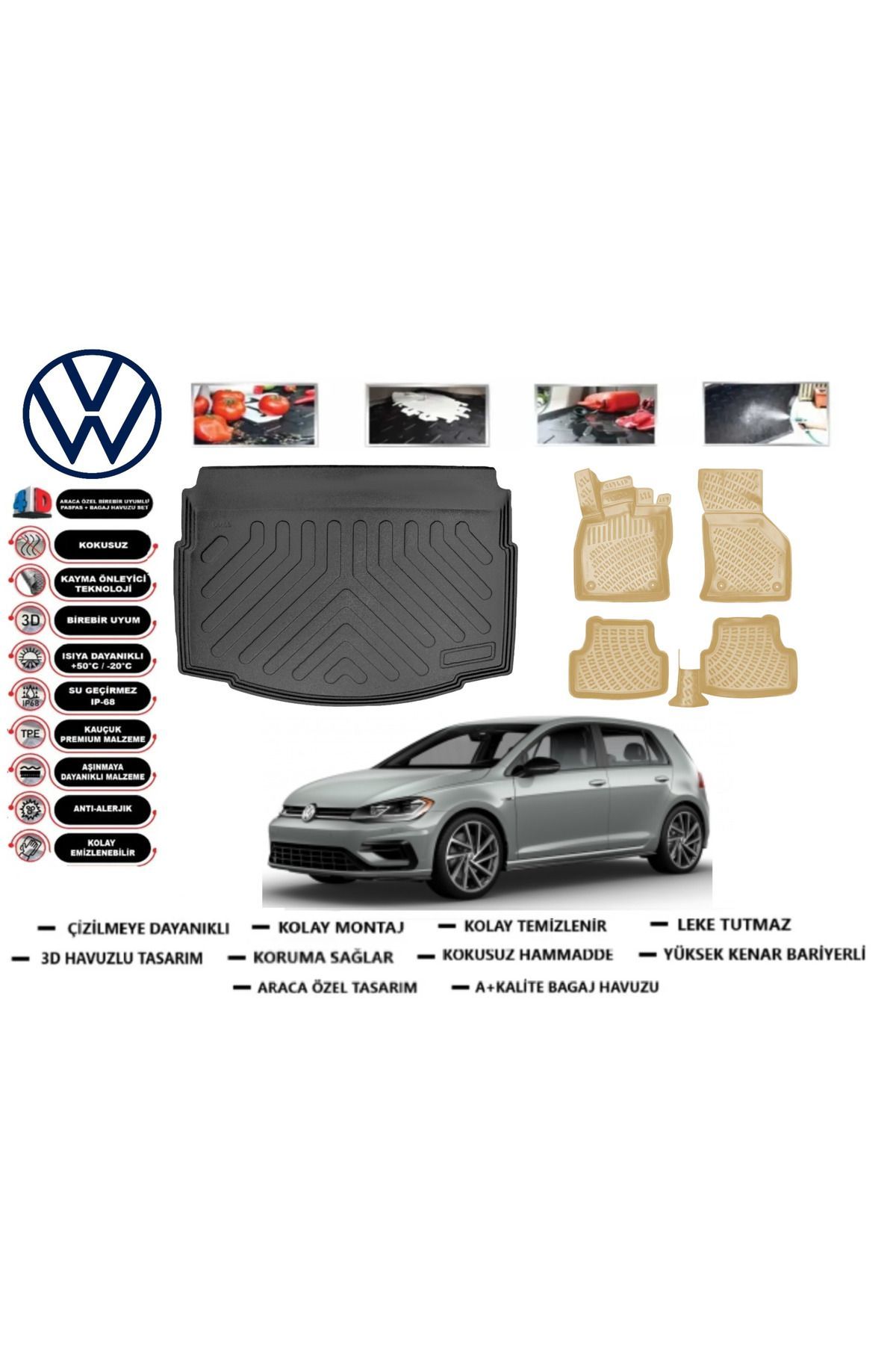 Volkswagen Golf 7 Model 2019 Alt Bagaj Havuzu+Araca Özel Bej Paspas Takımı Flex