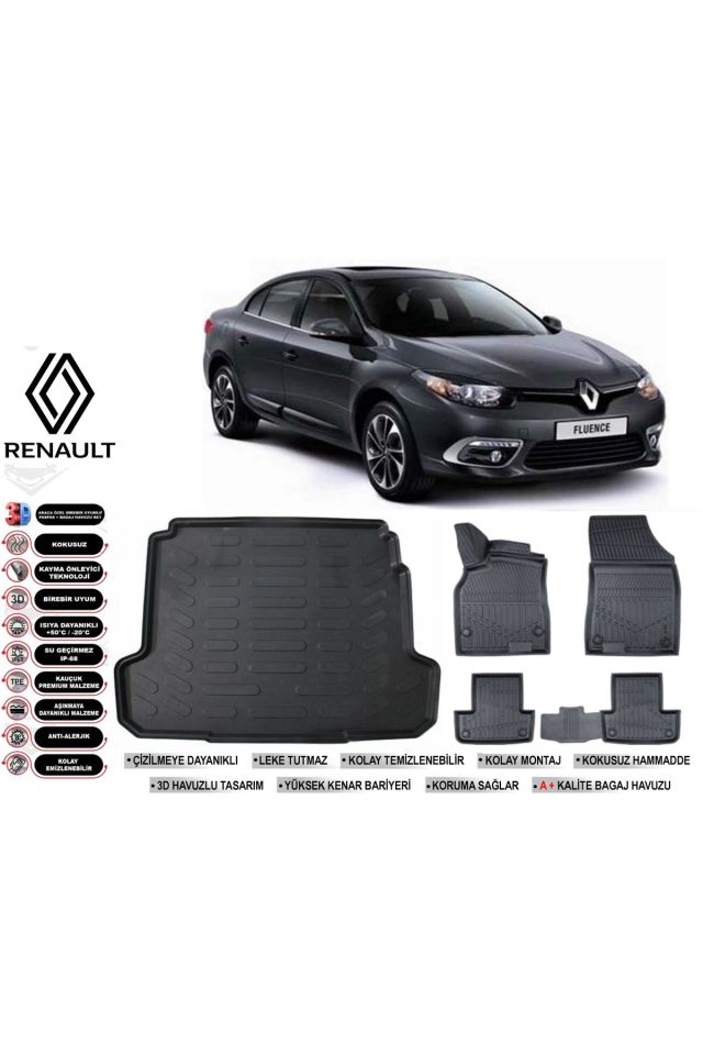 Renault Fluence 2014 Model Bagaj Havuzu Araca Özel Siyah Havuzlu Paspas Takımı Sett