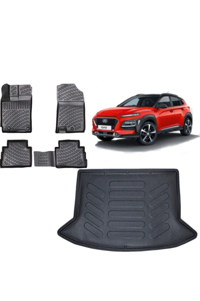 Hyundai Kona 2019 Model (ÇİFT CEPLİ) 3D Bagaj Havuzu+3D Havuzlu Araca Özel Paspas Takımı