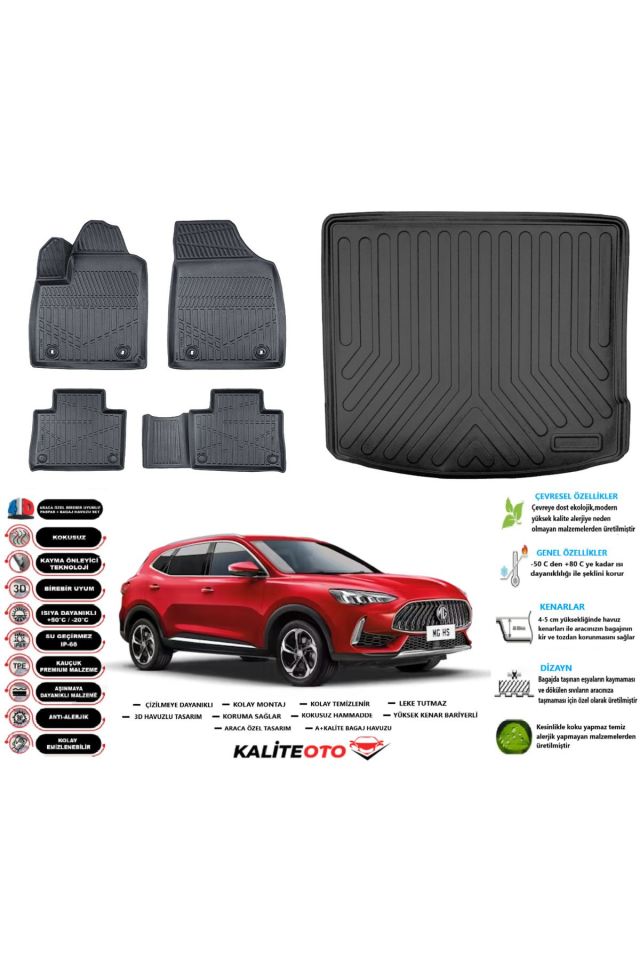 MG EHS Elektrikli 2022 Model Esnek Bagaj Havuzu Araca Özel Siyah Paspas Takımı