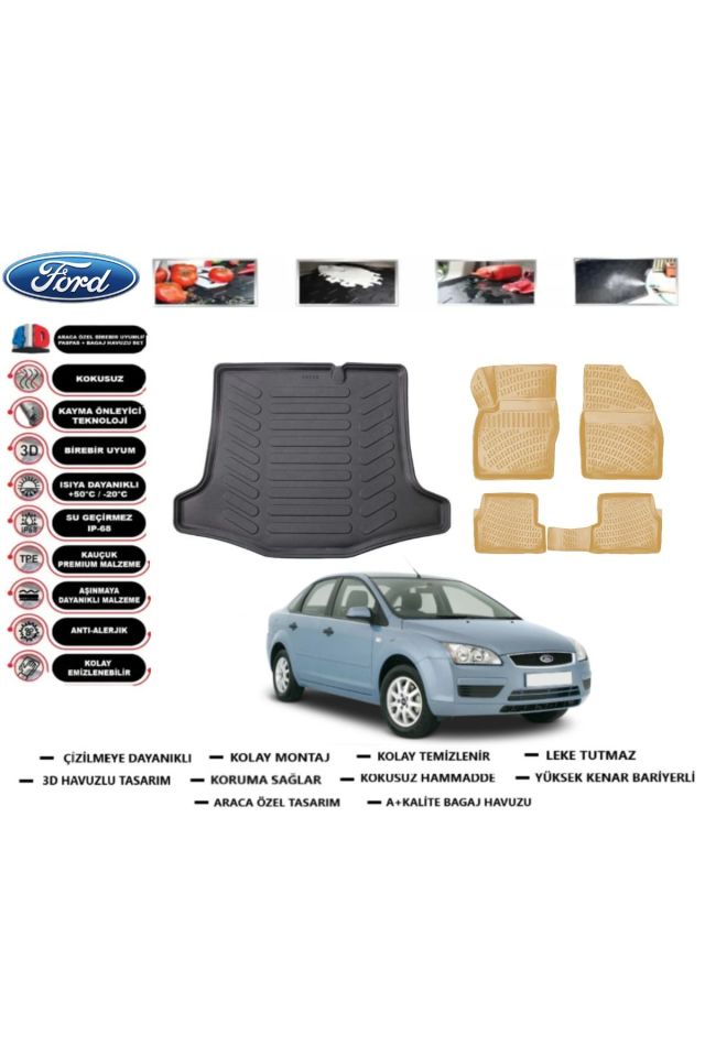 Ford Focus 2 Sedan 2006 Model Bagaj Havuzu+Araca Özel Bej Paspas Takımı Flex