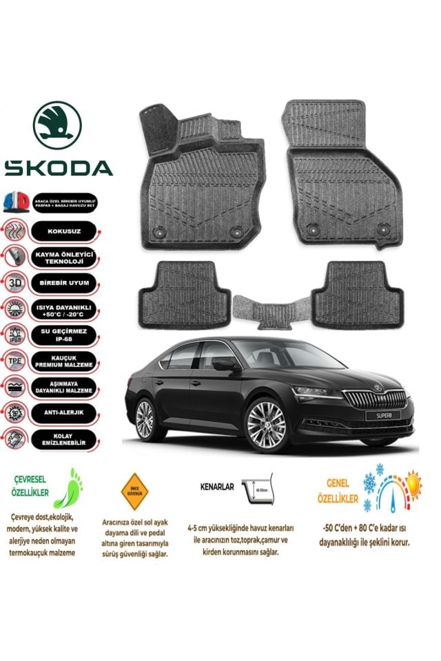 Skoda Super B 2021 Model 4D Araca Özel Havuzlu Paspas Takımı