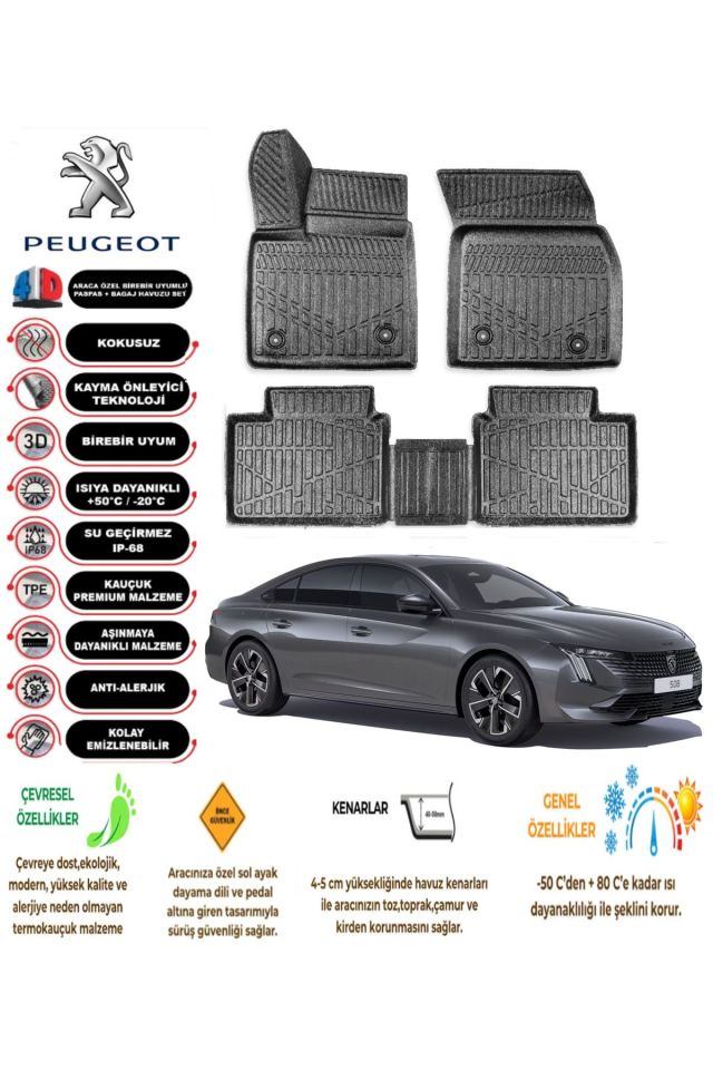 Peugeot 508 2018 Sonrası 4D Araca Özel Havuzlu Kokusuz Paspas Takımıı