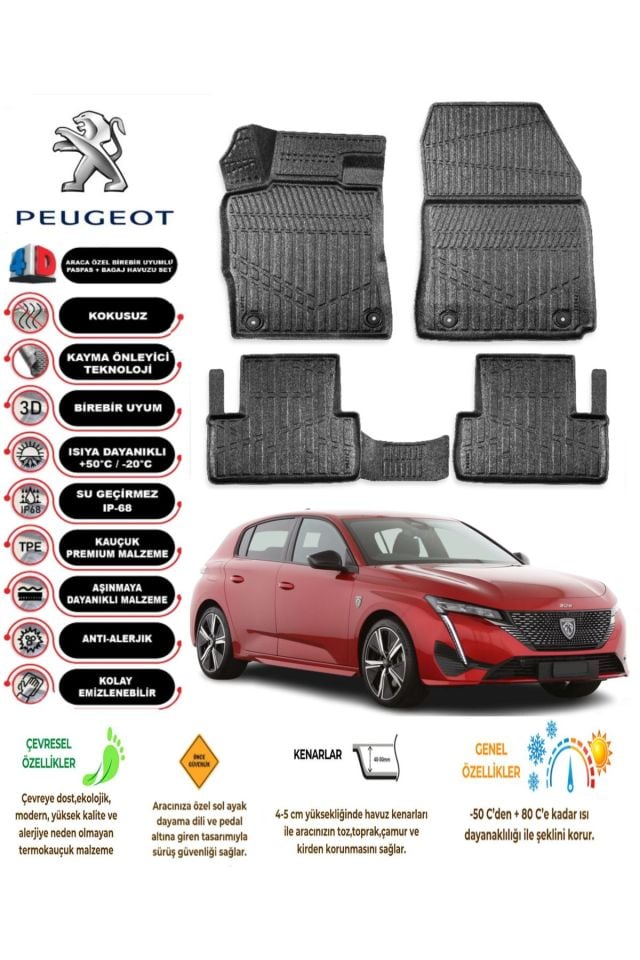 Peugeot 308 2021 Sonrası 4D Araca Özel Havuzlu Kokusuz Paspas Takımı
