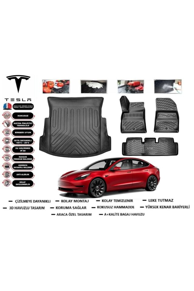 Tesla Model 3 2018 Model Bagaj Havuzu Araca Özel Paspas Takımı Prrox