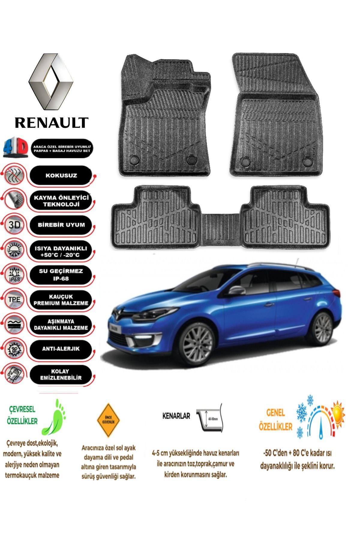 Renault Megane 3 Spourttourer 2009 Sonrası 4D Araca Özel Havuzlu Kokusuz Paspas Takımı