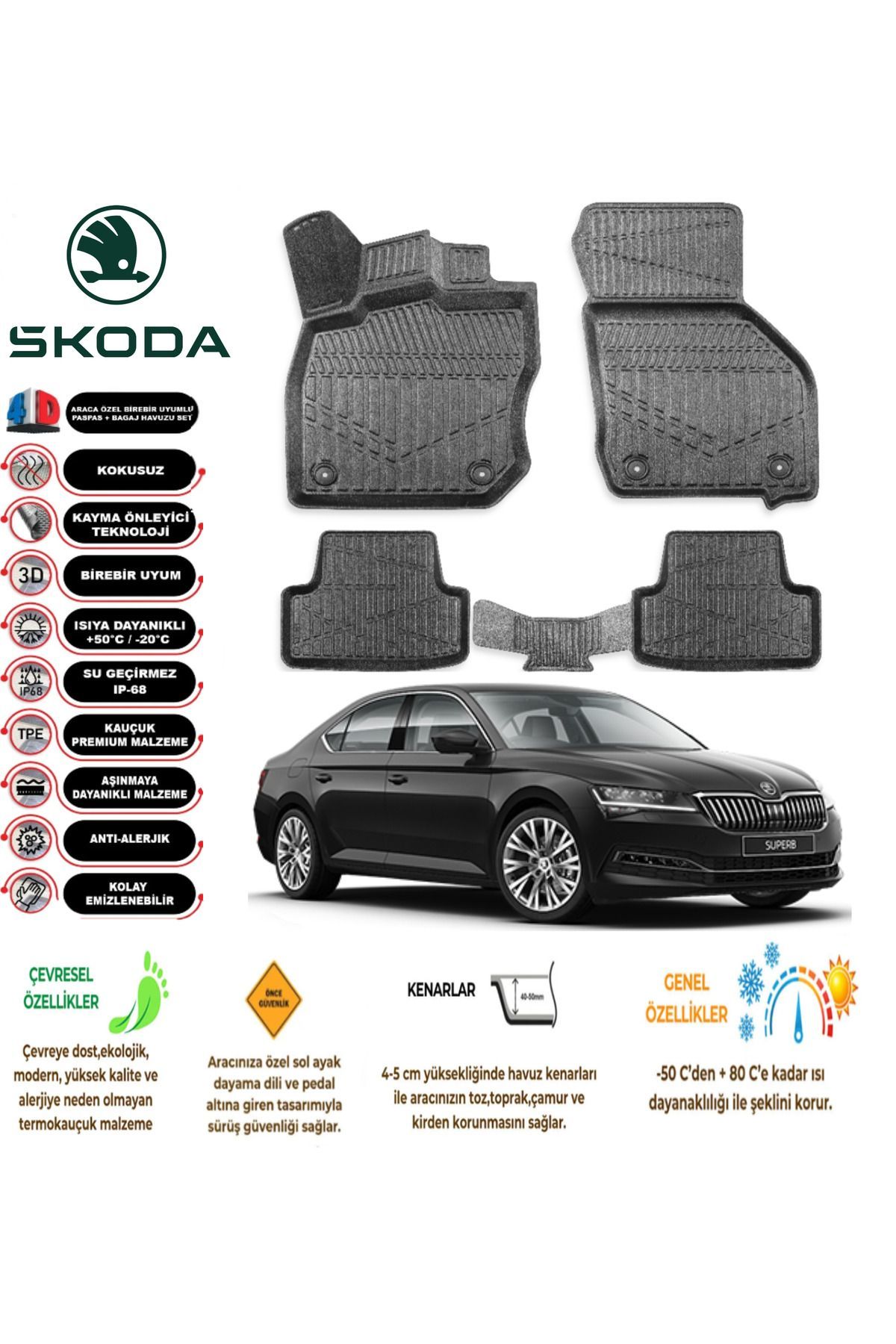 Skoda Super B 2015 Sonrası 4D Araca Özel Havuzlu Kokusuz Paspas Takımı
