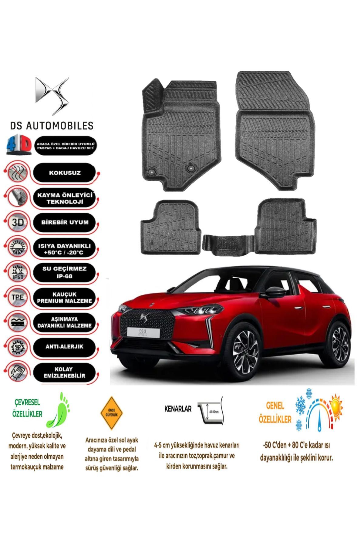 DS DS3 Crossback 2018 Sonrası 4D Araca Özel Havuzlu Kokusuz Paspas Takımı