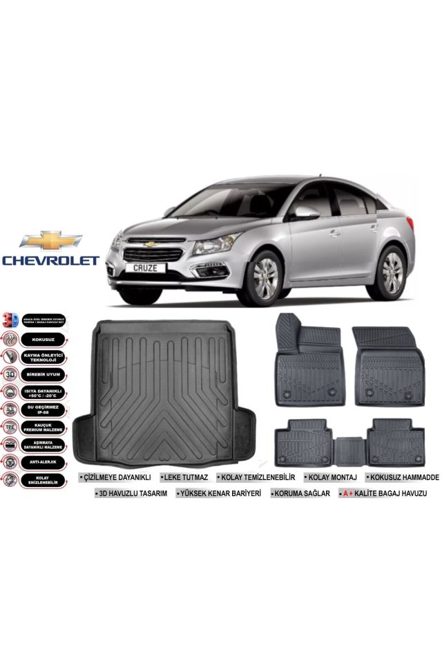 Chevrolet Cruze Sedan 2013 Model Çift Kulak Bagaj Havuzu Araca Özel Siyah Havuzlu Paspas Takımı Sett