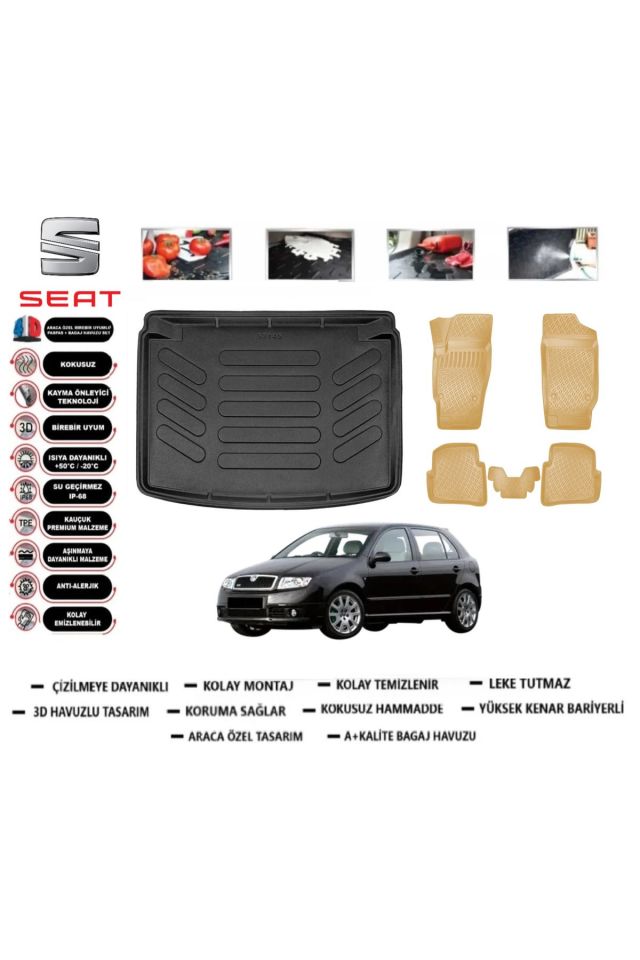 Skoda Fabia HB 1999 Model Bagaj Havuzu(paspası)+Araca Özel Bej Paspas Takımı Flex
